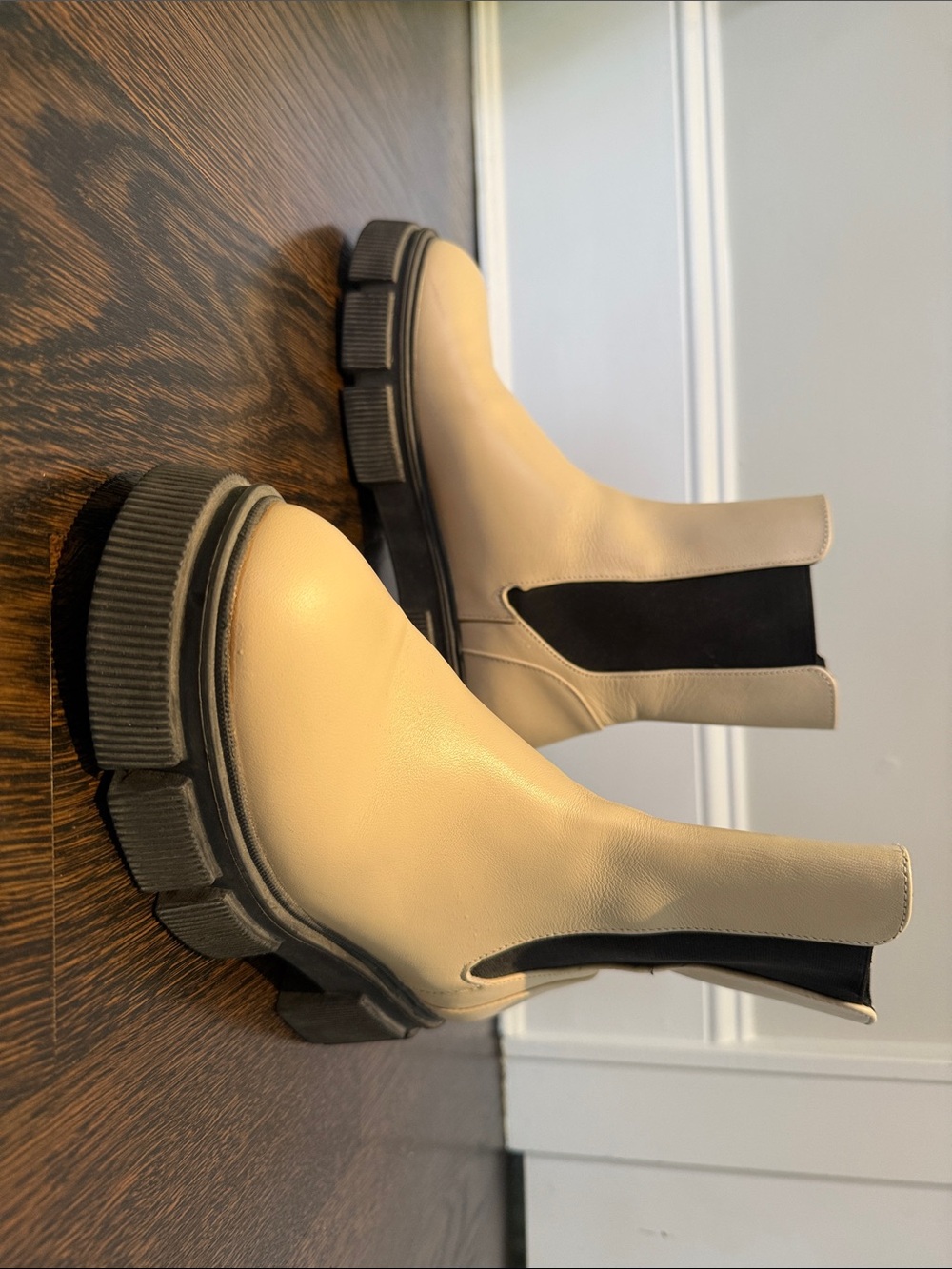 Zara Cream Leather Chelsea Booties with Black Elastic Panels and Chunky Soles